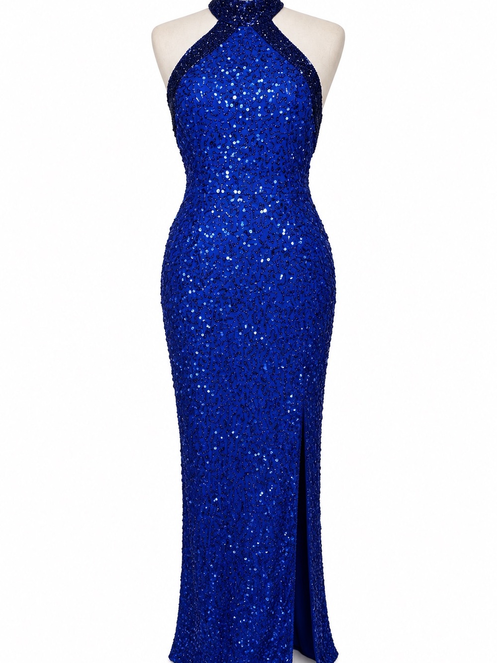 Landmark India XL Royal Blue Sequin Halter Open Back Formal Evening Gown